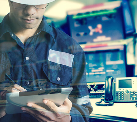 Double exposure of  Engineer or Technician man in working shirt  working with tablet in control room of oil and gas platform or plant industrial for monitor process, business and industry concept