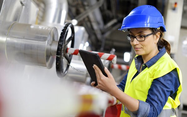 Industrial technician connected with tablet in recyling plant